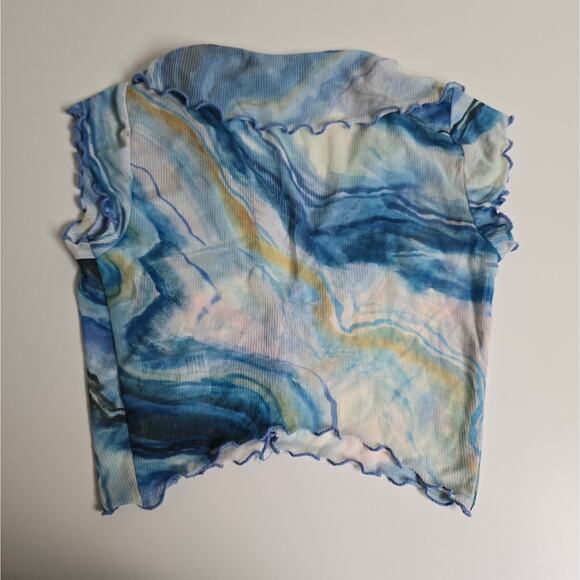 Urban Outfitters Blue Yellow Marble Print Geneva Sheer Mesh Crop Top size XS - Picture 2 of 7